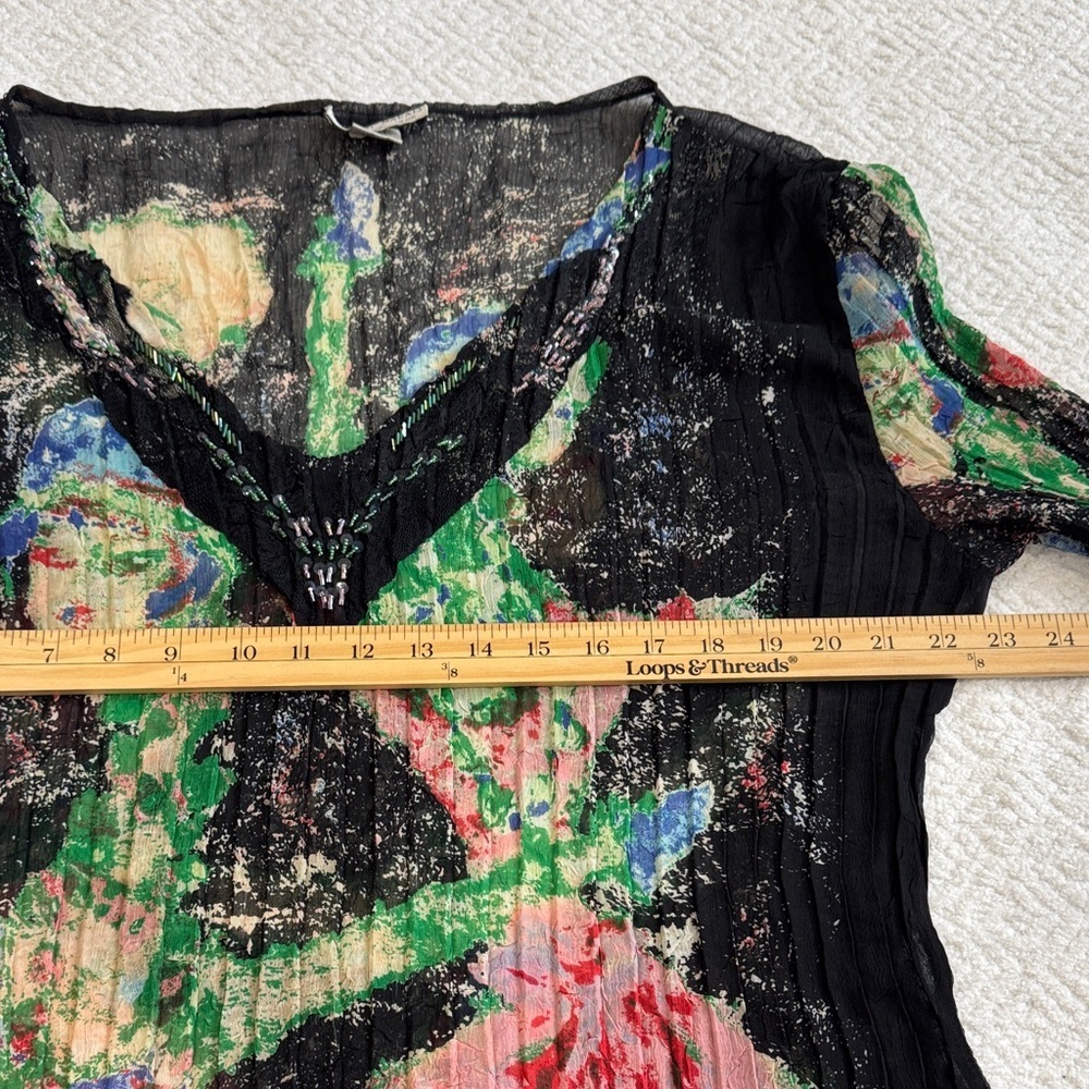 Alberto Makali Black Multicolor Abstract V-Neck Blouse Sz L - Picture 7 of 8